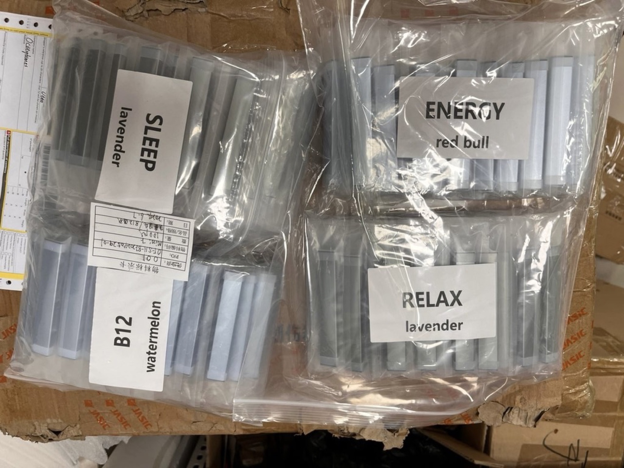 An early Myst sample order fresh out of the box: bagged test units labelled Sleep, Energy, Relax and B12