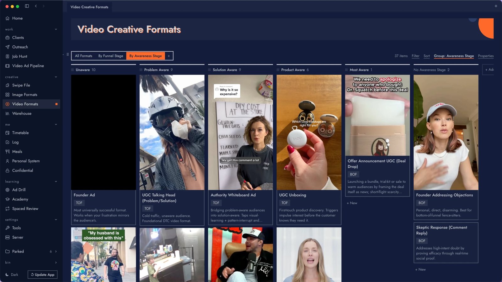 Atom: 37 video formats, sorted by awareness stage