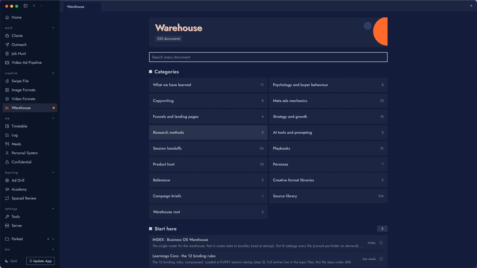 Atom: the warehouse, 255 documents sorted by category