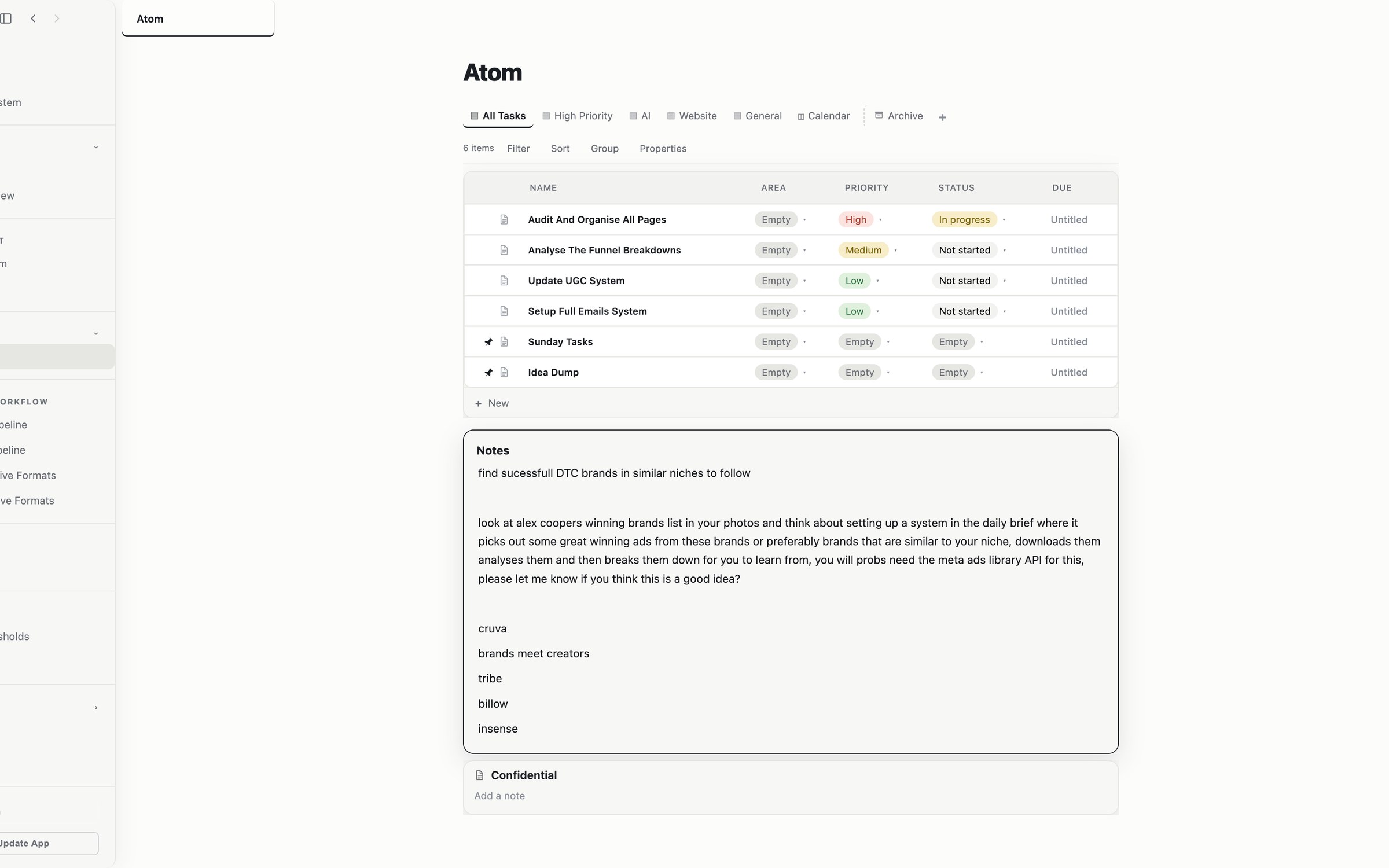 Atom: the main workspace, task list and sidebar