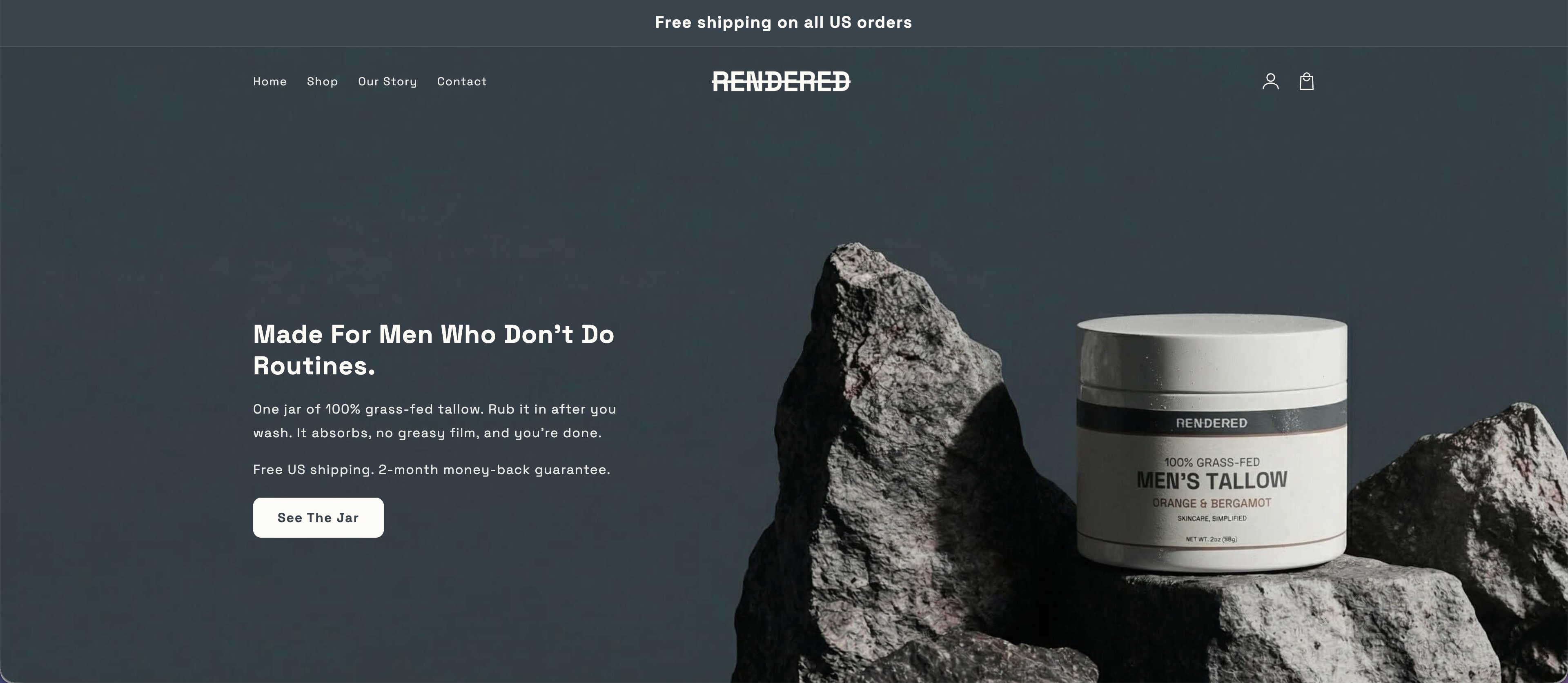 The Rendered storefront: the Men's Tallow product hero on the homepage