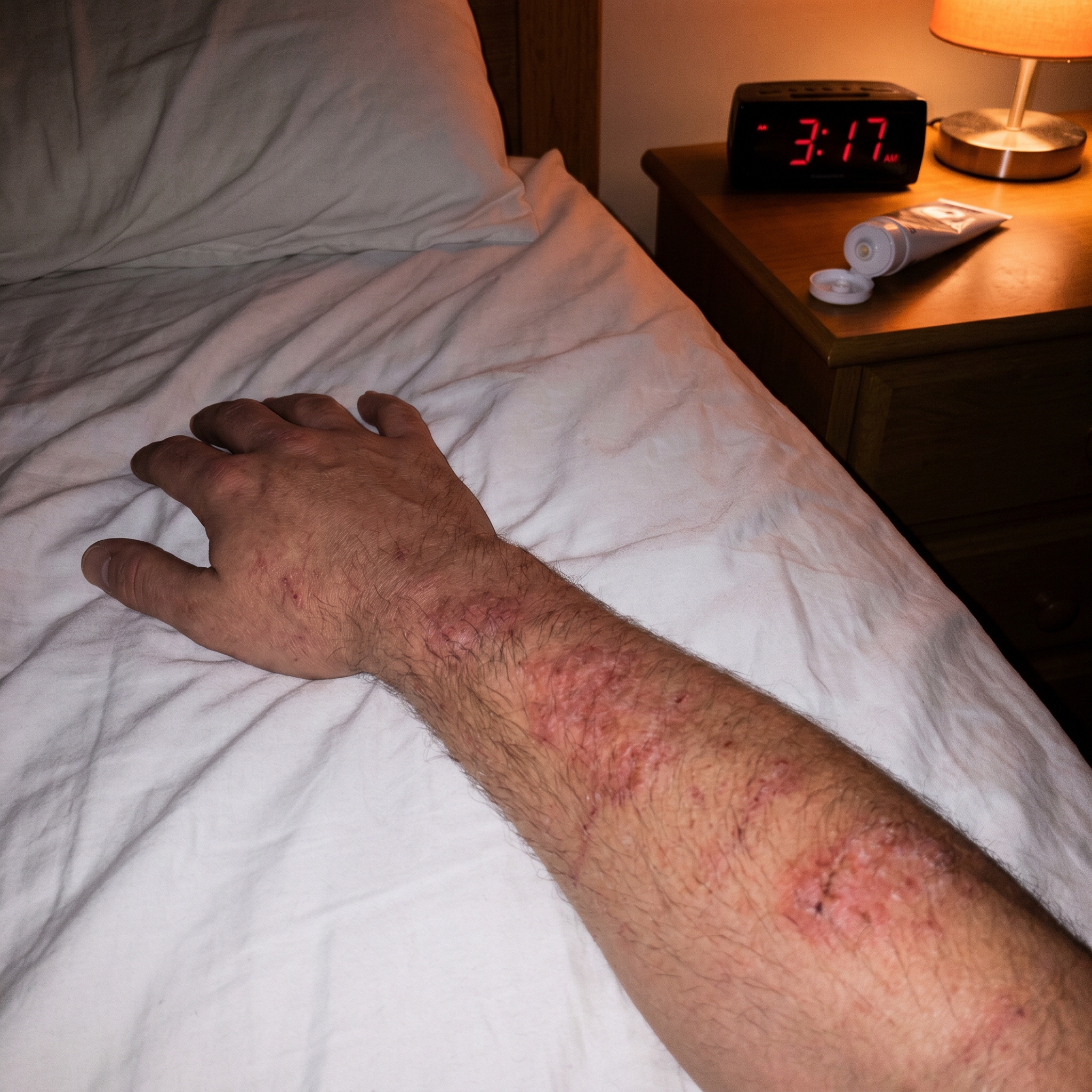 Rendered Meta native ad: a man's eczema-marked arm on the bed at 3:17am, steroid cream on the nightstand